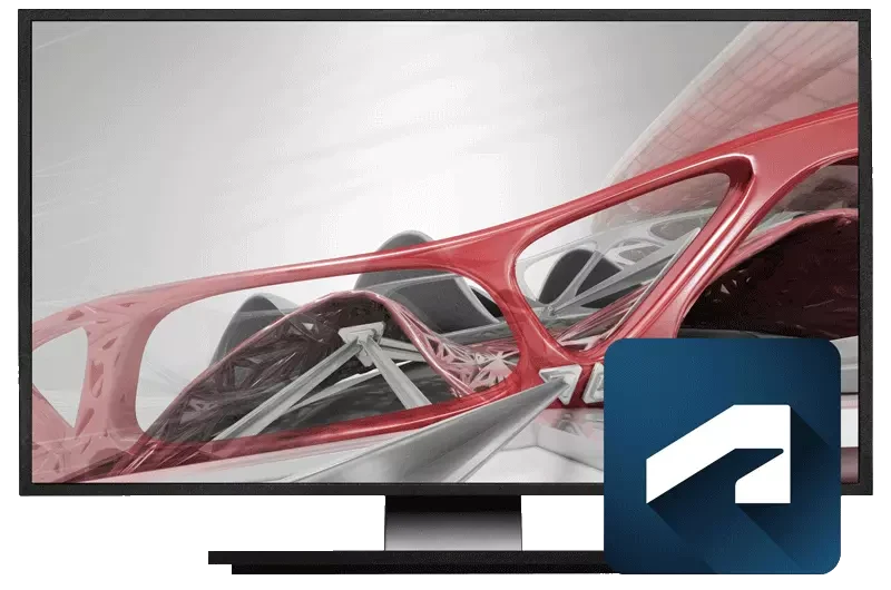 AutoCAD® के साथ स्क्रीन: 3D मॉडल के रूप में लाल रंग में घुमावदार सहायक संरचना