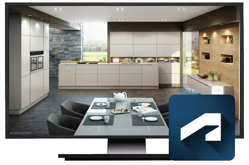 Autodesk 3ds Max® के साथ स्क्रीन: डाइनिंग एरिया वाली रसोई का रेंडरिंग