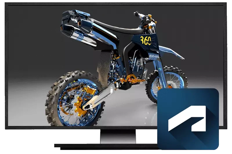 Autodesk Fusion के साथ स्क्रीन: रेंडर किए गए 3D मॉडल के रूप में मोटोक्रॉस मोटरसाइकिल