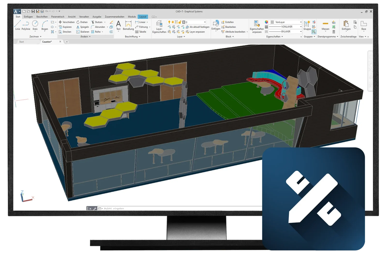 3D रूम प्लानिंग के साथ CAD+T Design का स्क्रीन दृश्य