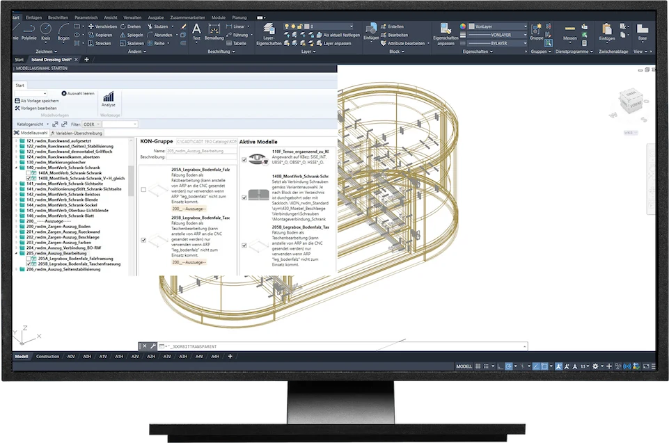 CAD+T KON : sélection de modèles avec les modèles actifs à côté de la conception 3D dans AutoCAD
