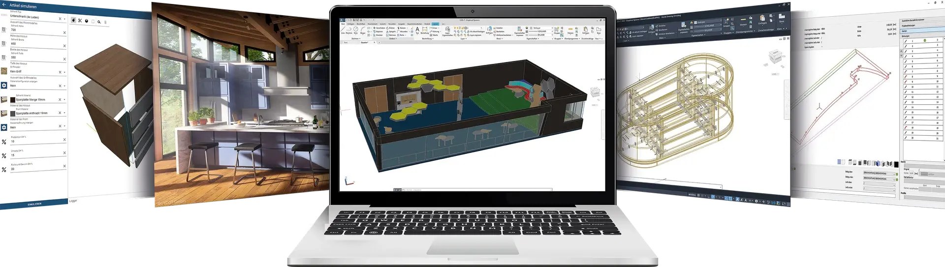 लैपटॉप पर CAD+T सॉफ़्टवेयर: कॉन्फ़िगरेटर, Visualize, Design, Engineer और CNC